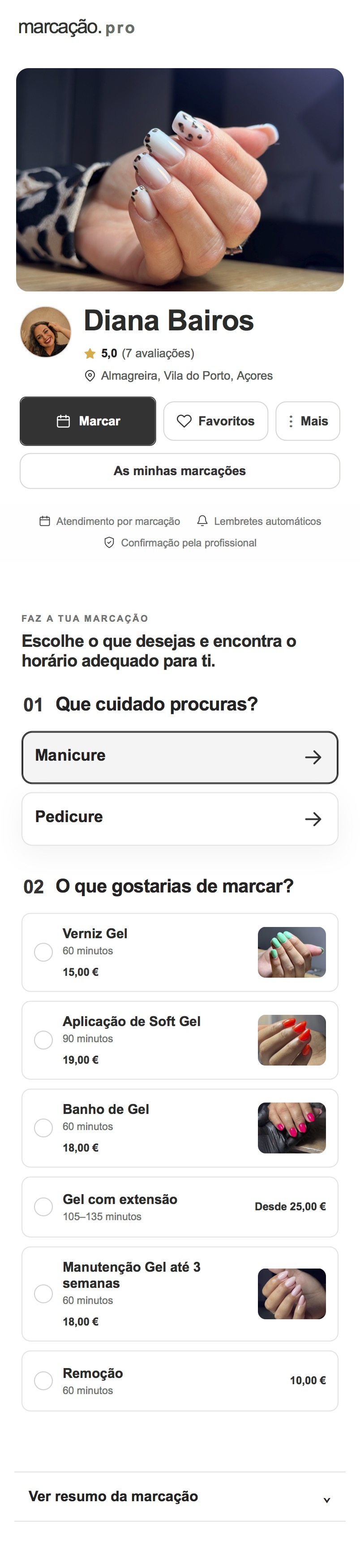 Continuação da página pública real com a categoria Manicure e serviços com fotografia